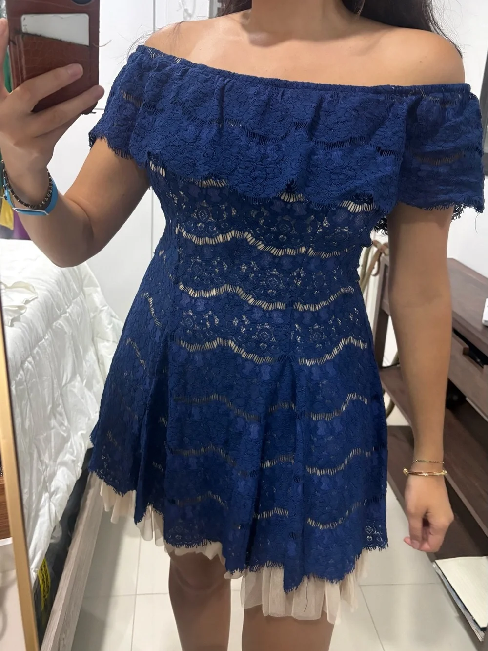 Francesca's Collections Navy Lace Party Dress with Cream Tulle Hem